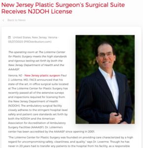 New Jersey Plastic Surgeon Receives NJDOH License for His Surgical Suite